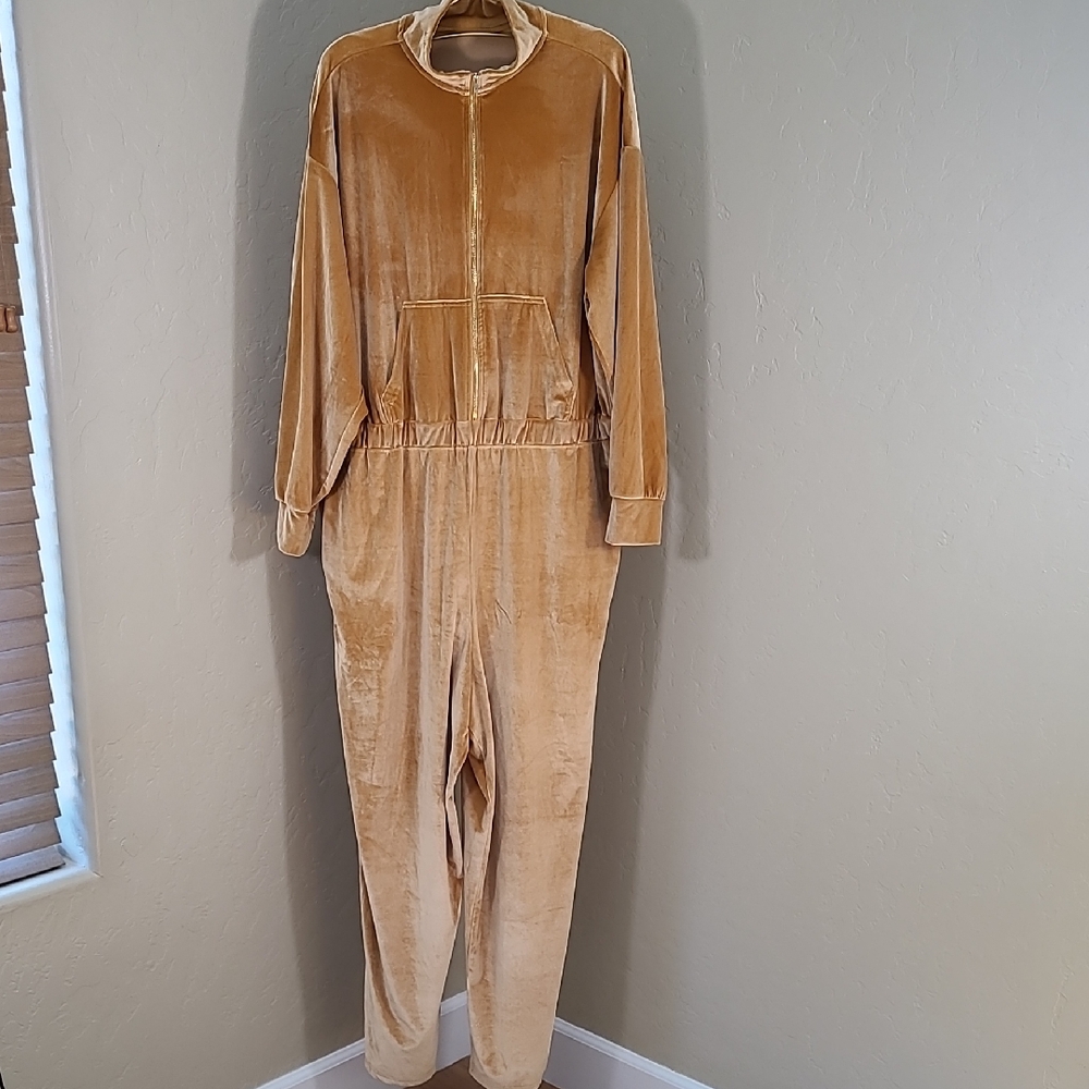 Fabletics Velour Zip-up Wide Leg Onesie Mustard Yellow Gold Jumpsuit‎ 2X